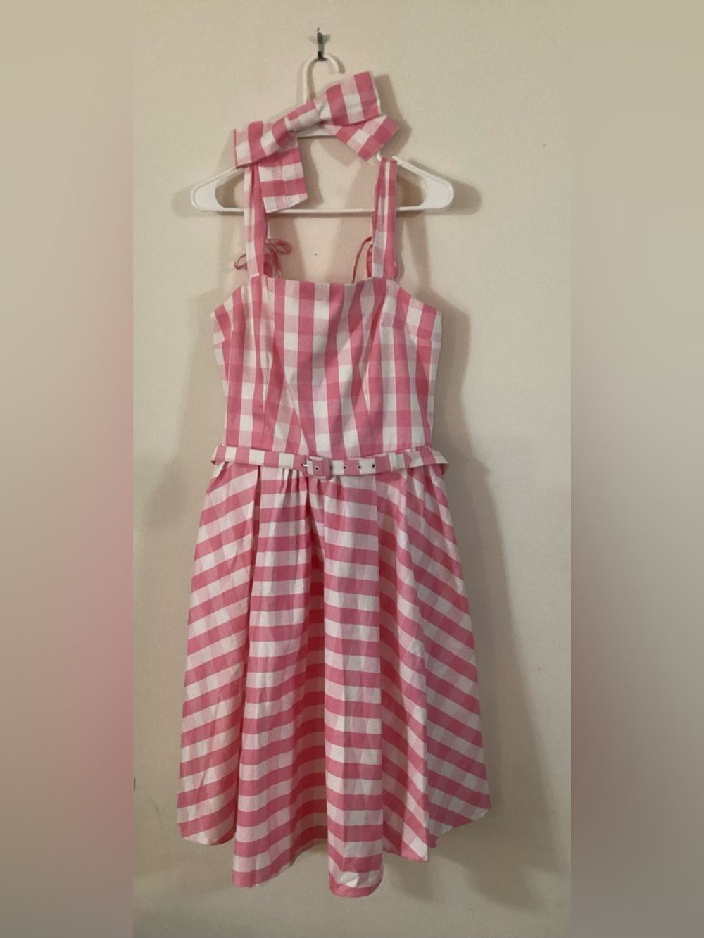 Vixen by Micheline Pitt Pink and White Gingham Fit-and-Flare Sundress with Bow